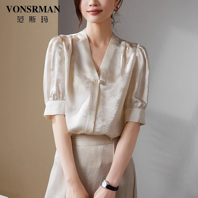 范斯玛2025夏季新款时尚流行气质宽松显瘦提花含桑蚕丝衬衫女