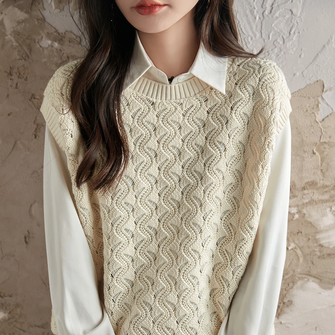 法式镂空纯棉线针织坎肩女圆领套头加厚宽松外套无袖马甲上衣坎肩