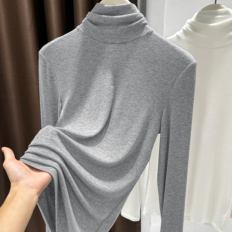 灰色简约长袖针织上衣女秋季新款堆堆领软糯舒适打底衫修身薄T恤