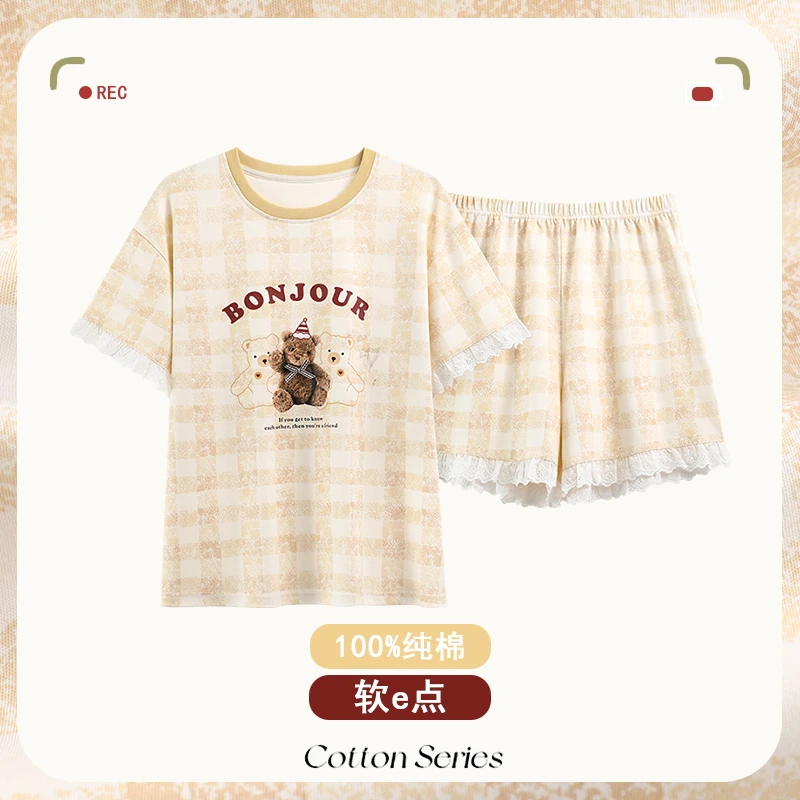 夏季短袖家居服套装高中生睡衣短裤日系少女女士外穿时尚卡通纯棉