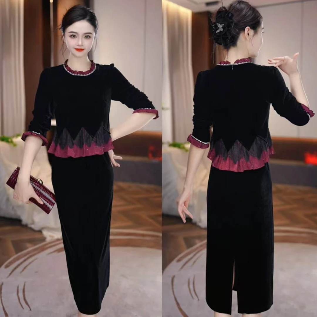 【连衣裙】秋季新款收腰显瘦洋气减龄轻奢女人味黑色假两件连衣裙
