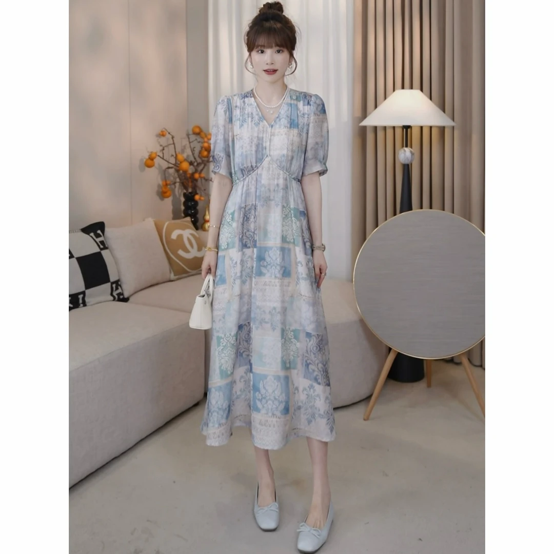 LMENY蓝海佳人~V领天丝麻花色后松紧显瘦连衣裙25BQ018