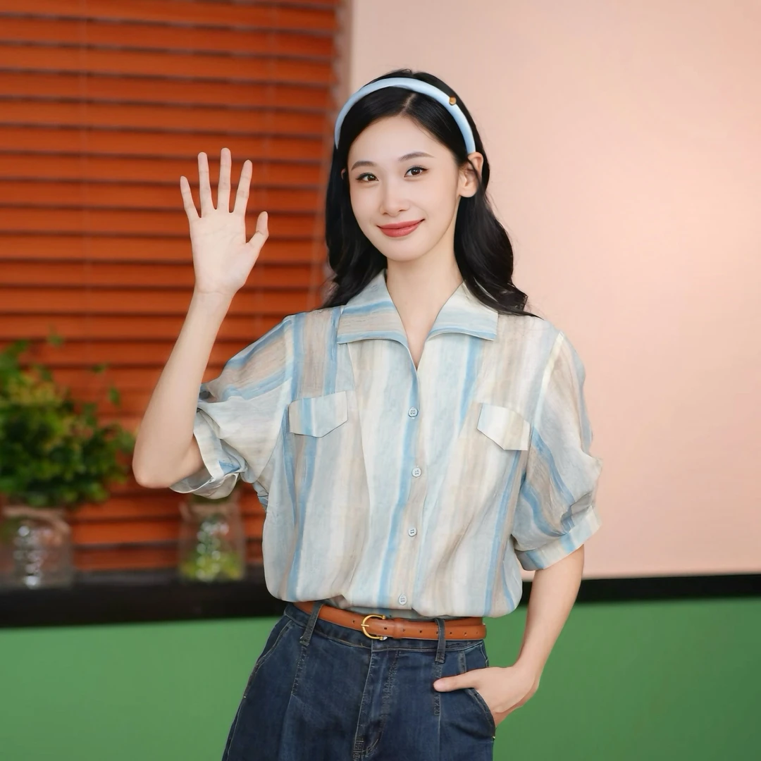 港风复古条纹宽松牛仔短袖衬衫上衣夏季百搭气质时尚衬衣撞色