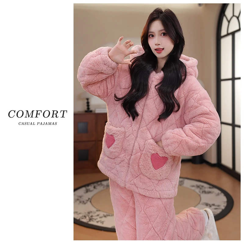 2025新款加厚三层夹棉可外穿家居服珊瑚绒加绒保暖睡衣女套装