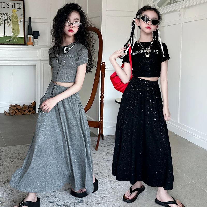 童装女童夏季洋气撒银短袖半身裙套装6-12岁15中大童女孩时尚套装