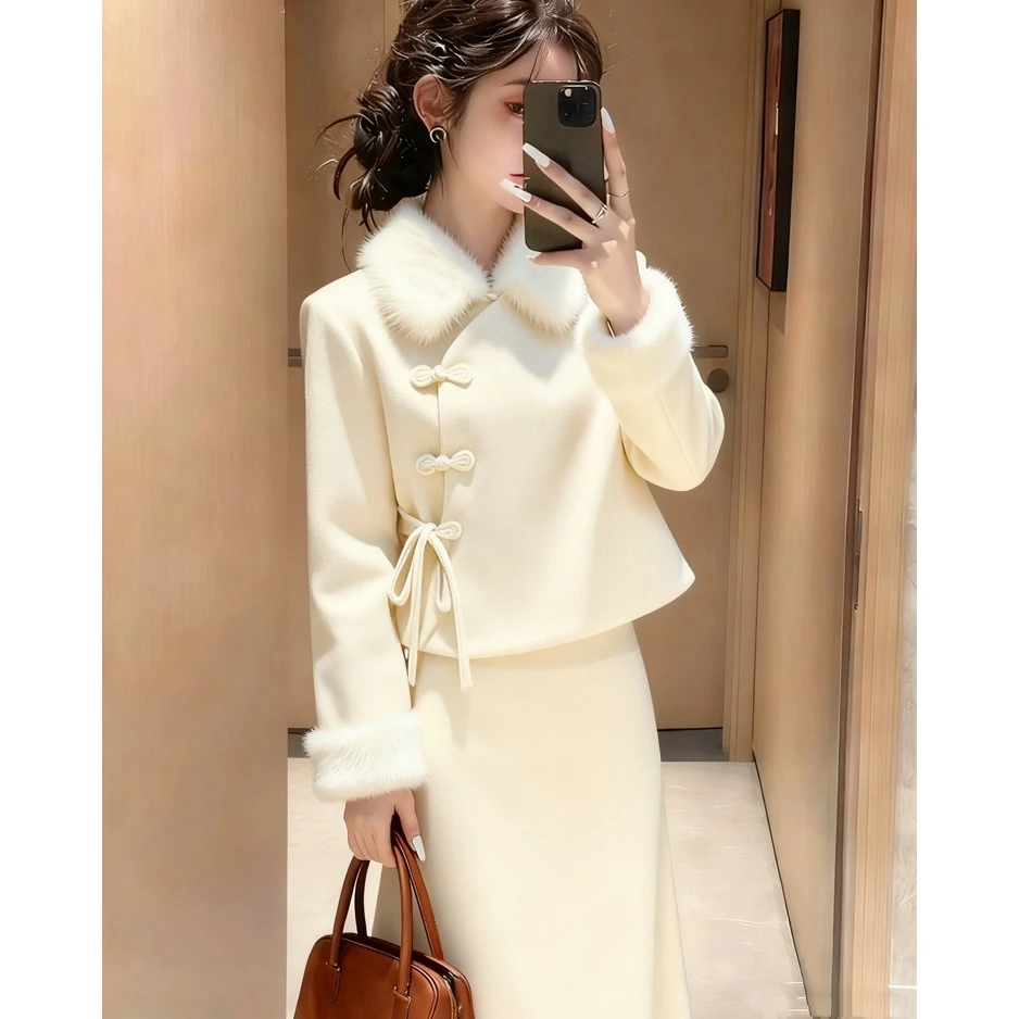 新中式穿搭一整套女2025新款国风加绒斜襟盘扣上衣气质半身裙套装