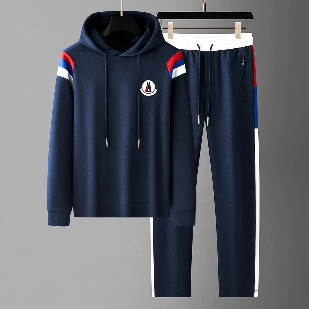 秋季时尚个性撞色拼接两件套面膜空气层男士连帽卫衣休闲运动套装