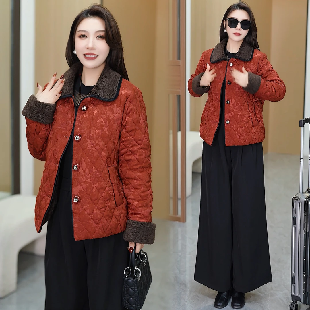 时尚加绒夹棉短外套女2025冬季新款洋气减龄菱形格撞色保暖棉袄潮