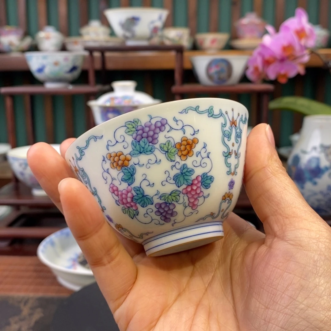 手工陶瓷柴胎斗彩葡萄杯