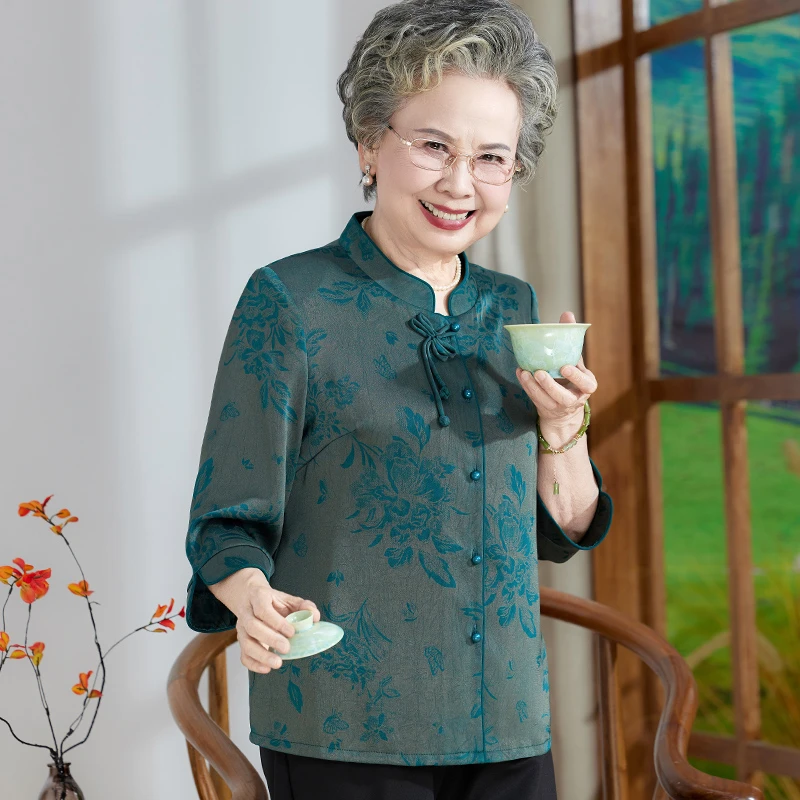 奶奶装夏季唐装衬衫七分袖中老年人妈妈夏装宽松衬衣国风太太衣服