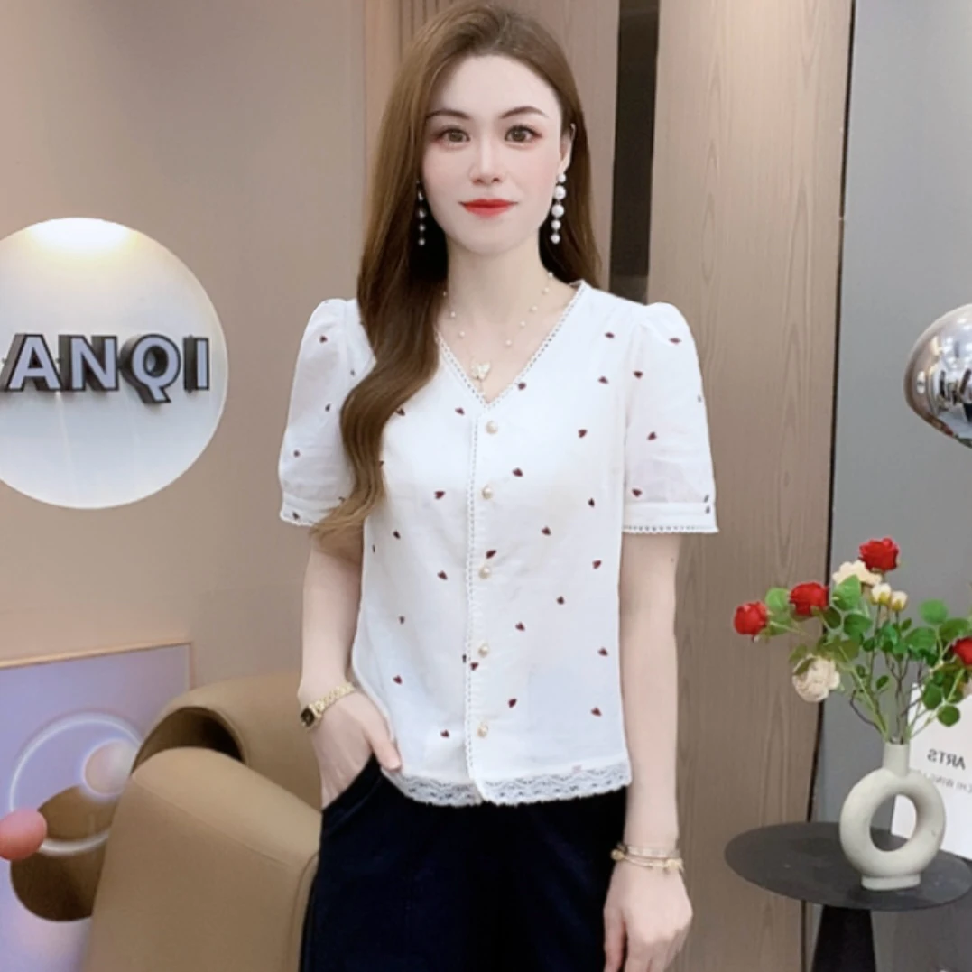 A8628夏季新款V领短袖衬衫女洋气百搭气质减龄宽松上衣