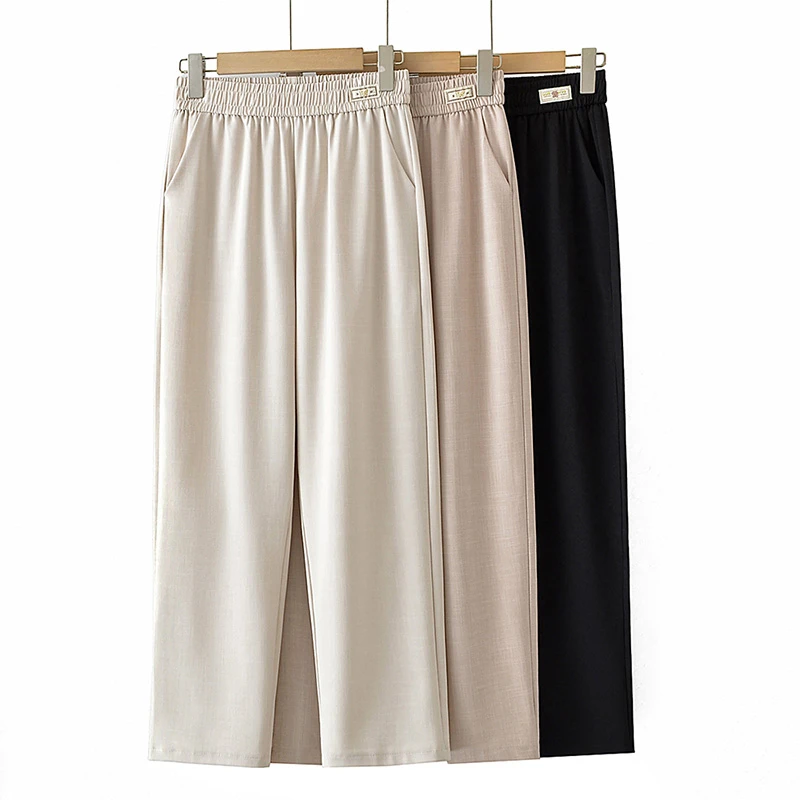 夏季新款时尚百搭高腰妈妈裤洋气弹力宽松直筒裤中老年九分休闲裤