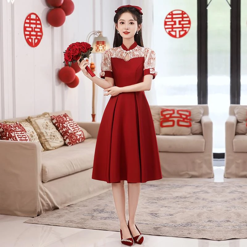 三彩蝶孕妇旗袍敬酒服新娘女2025新款订婚小礼服中式婚礼红裙子大