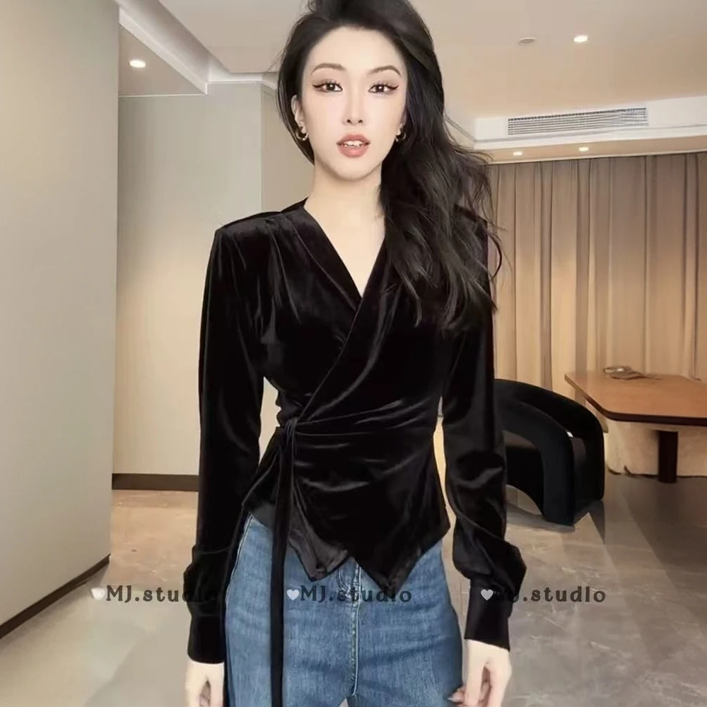 M.J 2186钻石绒系腰绳V领开衫