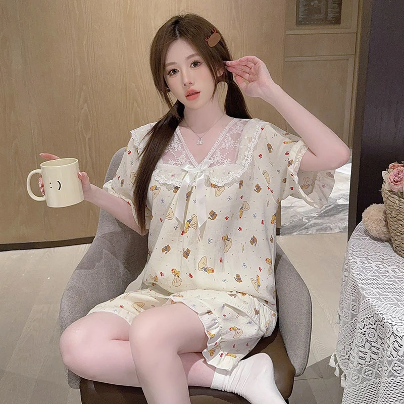 睡衣女夏季短袖短裤云朵棉睡衣大码宽松学生可外穿花边家居服套装
