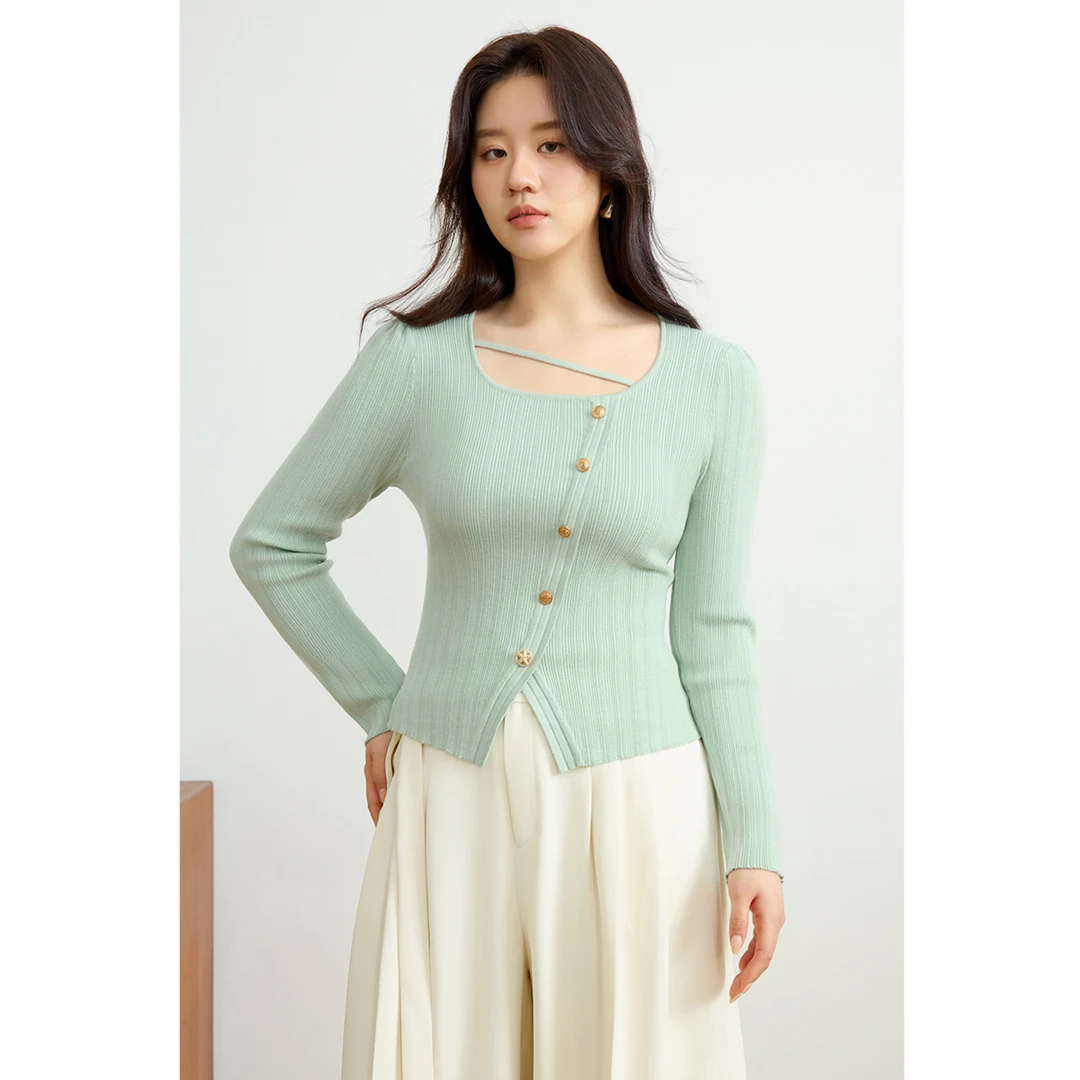 独束微胖大码女装不对称斜襟开叉针织衫时尚胖m内搭上衣25DS81116