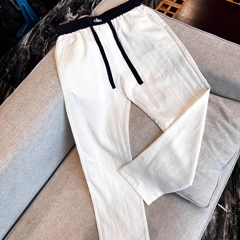 轻奢时尚字母刺绣拼接夏季薄款麻料舒适透气休闲裤男纯色直筒长裤