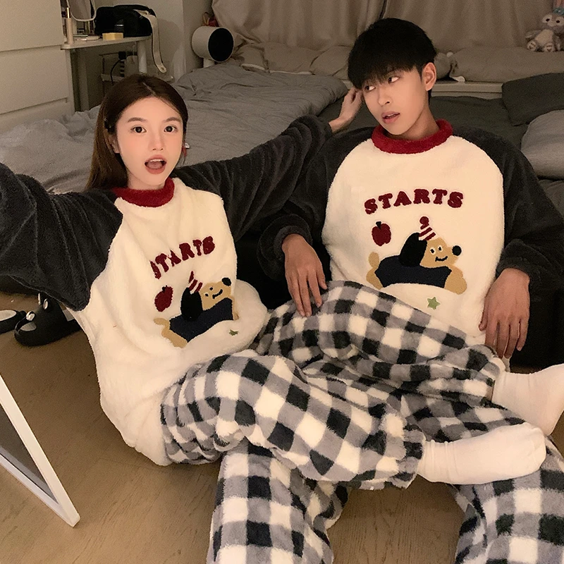 秋冬季珊瑚绒卡通情侣睡衣圆领套装加绒加厚保暖大码男女士家居服