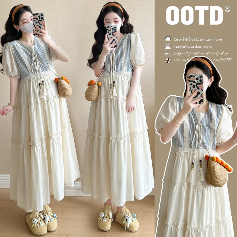孕妇装裙子女2025夏季新款仿牛仔条纹拼接假两件甜美温柔风连衣裙