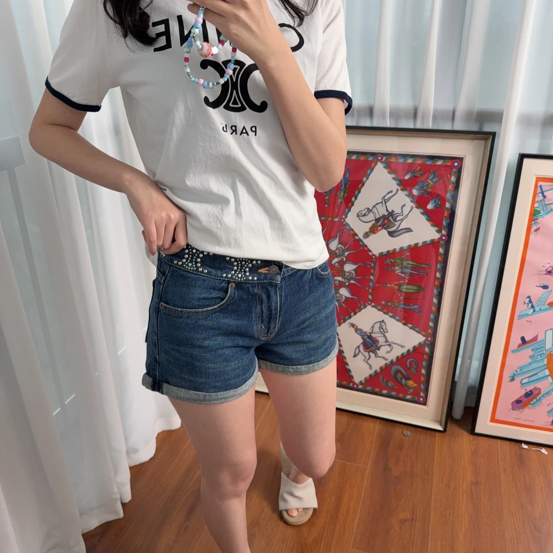 95新 Celine/思琳 牛仔膝短女款26码蓝色/250415SJD5J10