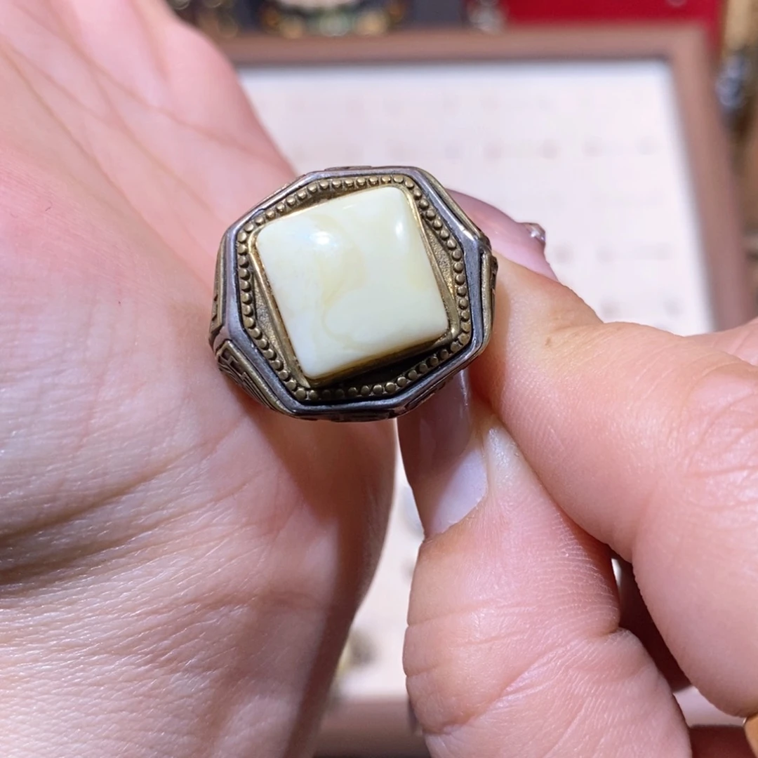 琥珀戒指银S925镶嵌星***戒指