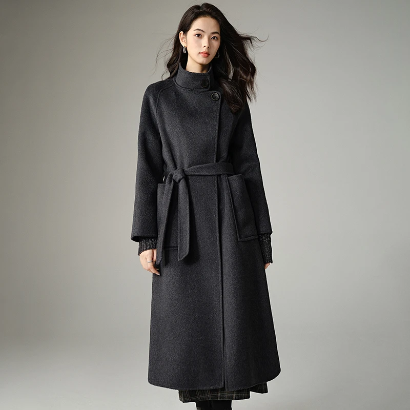 晚白【新品】2025冬系带上衣百搭长款大衣女25062156