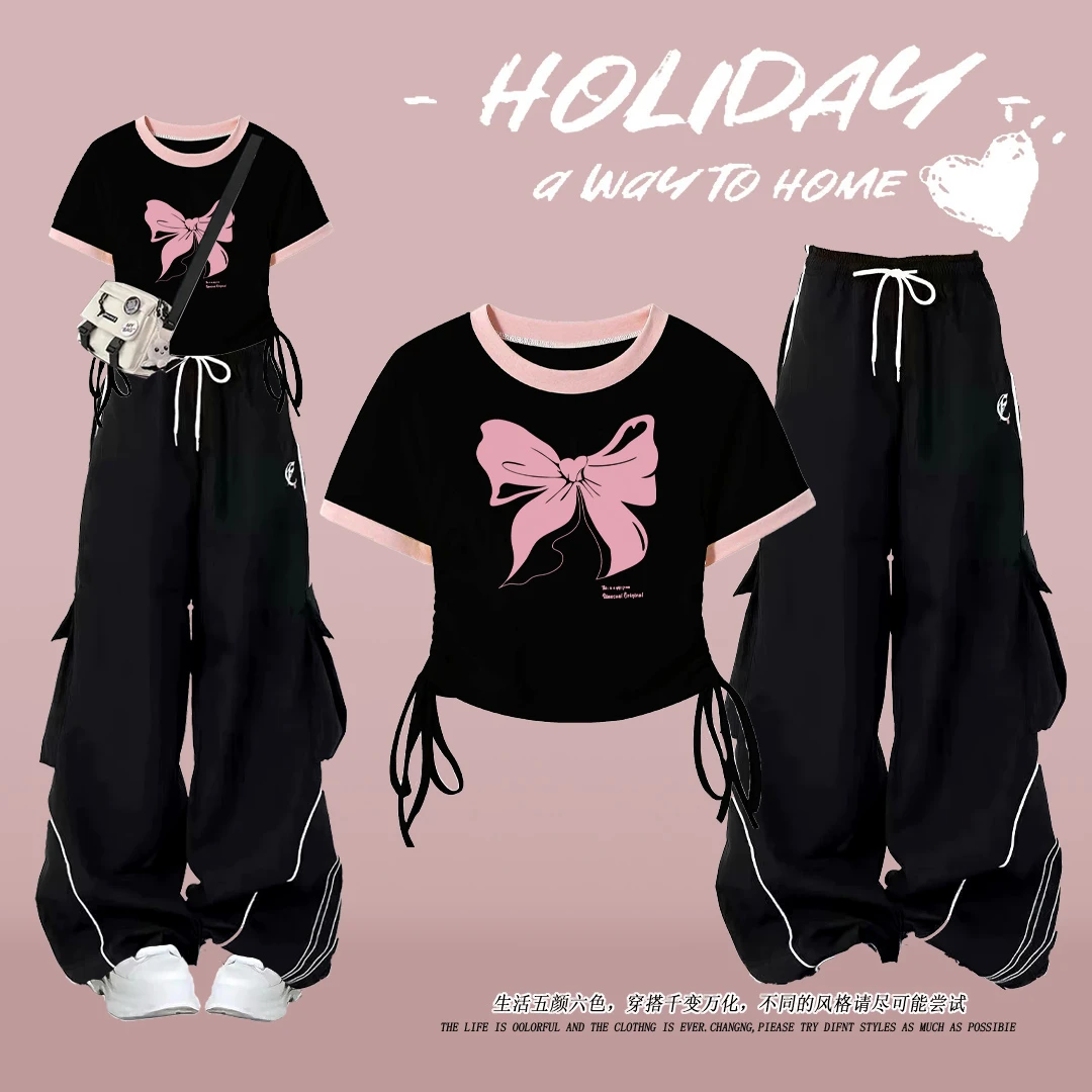 新款黑色抽绳阔腿宽松休闲工装口袋运动裤搭配设计感上衣甜辣套装