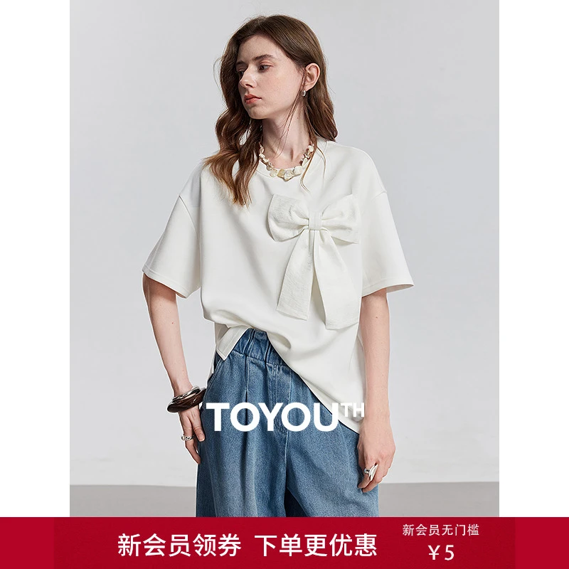 【年终狂欢购】初语蝴蝶结T恤女2025夏季法式新款oversize宽松上衣