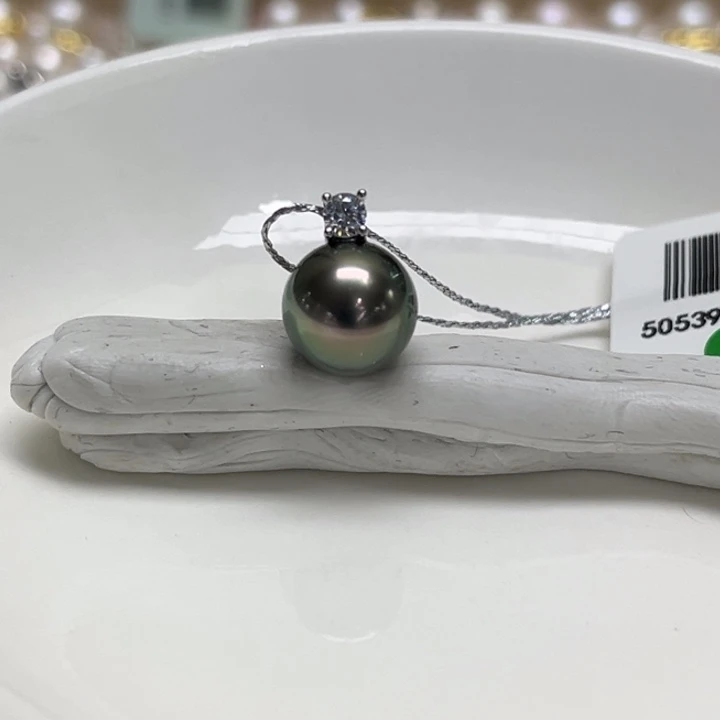 银S925镶嵌吊坠(不含链)海水珍珠9-10mm孔雀绿63号