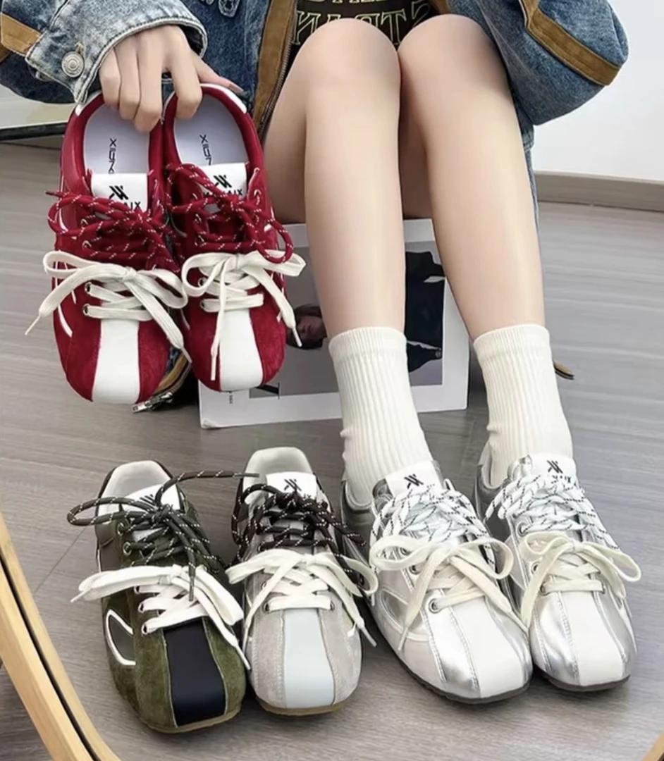 多巴胺~韩版内增高德训鞋女色彩搭配双鞋带显脚小软底运动阿甘鞋