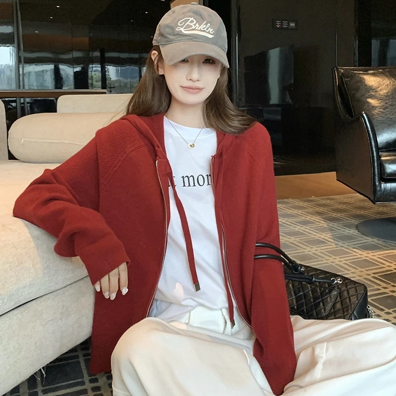 宽松慵懒风红色连帽针织开衫外套女装秋冬季新款韩版时尚外穿上衣