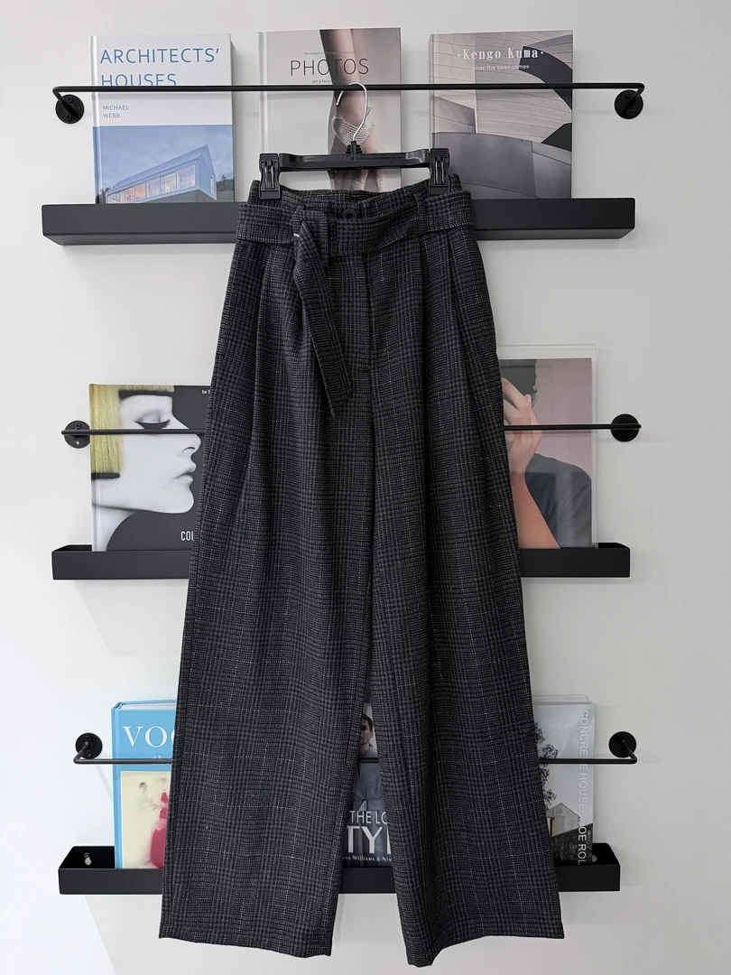 秋季新款设计感调节绑带羊毛格子西裤金线拼色宽松百搭休闲裤裤子