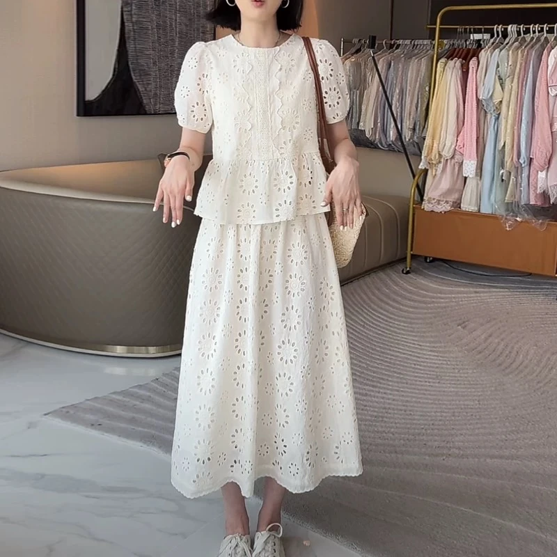 衬衫夏季镂空套装女刺绣上衣短袖高腰半身裙两件套9021