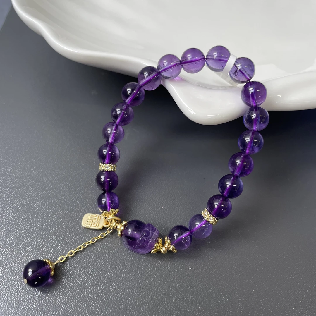 紫水晶圆珠约8-9mm搭紫水晶貔貅铜配件手串