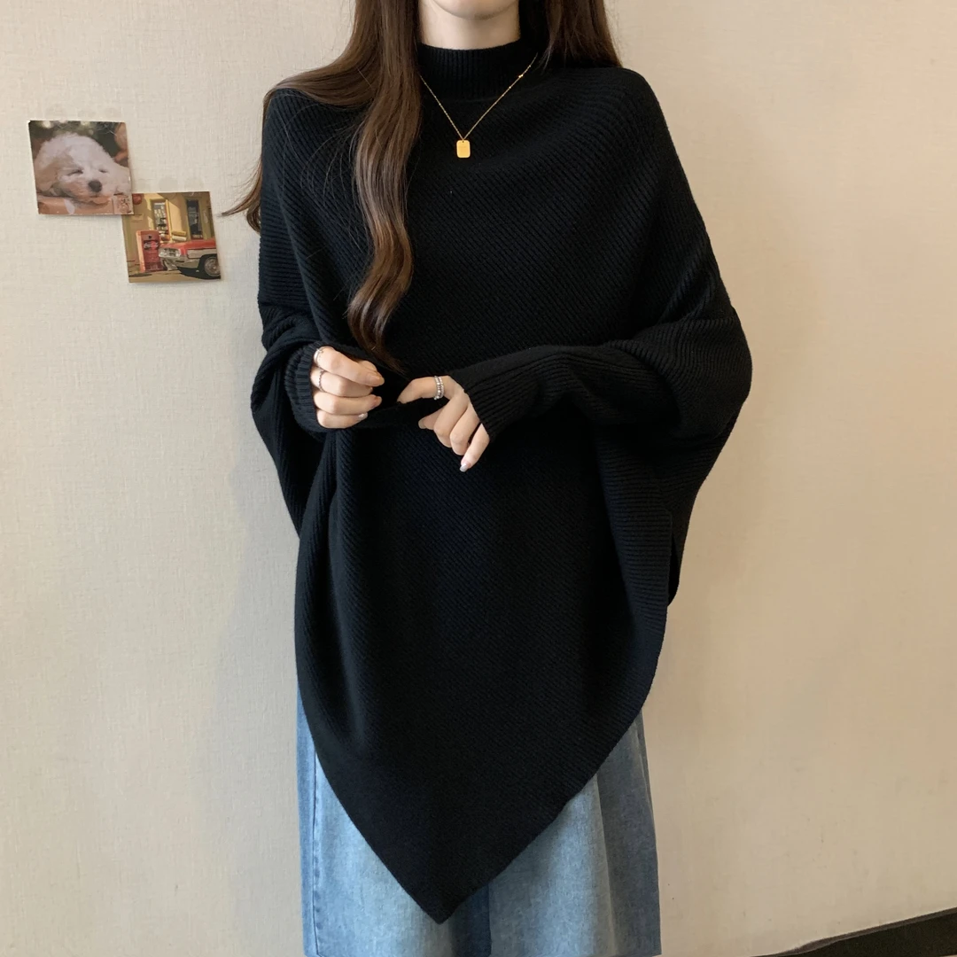 大码中长款慵懒风蝙蝠袖针织衫女秋冬微胖mm显瘦遮肚子半高领毛衣