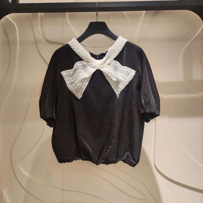 气质时尚休闲百搭夏季蝴蝶结短袖女士蕾丝赫本复古衬衫女显瘦洋气