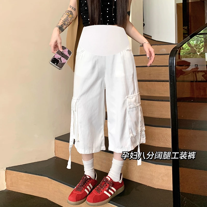 孕妇装夏装2025新款夏季七分牛仔裤薄款外穿小个子美式工装阔腿裤