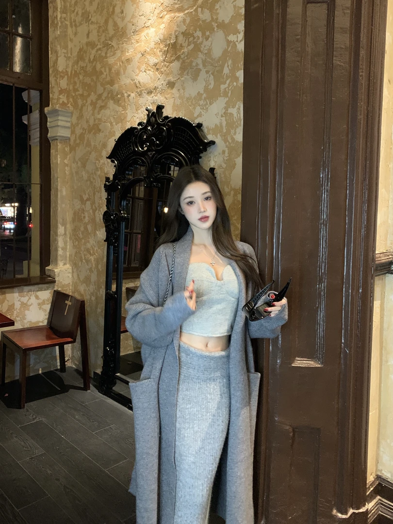 不冷BULENG 重工腰带式垂感灰色中长款针织开衫外套