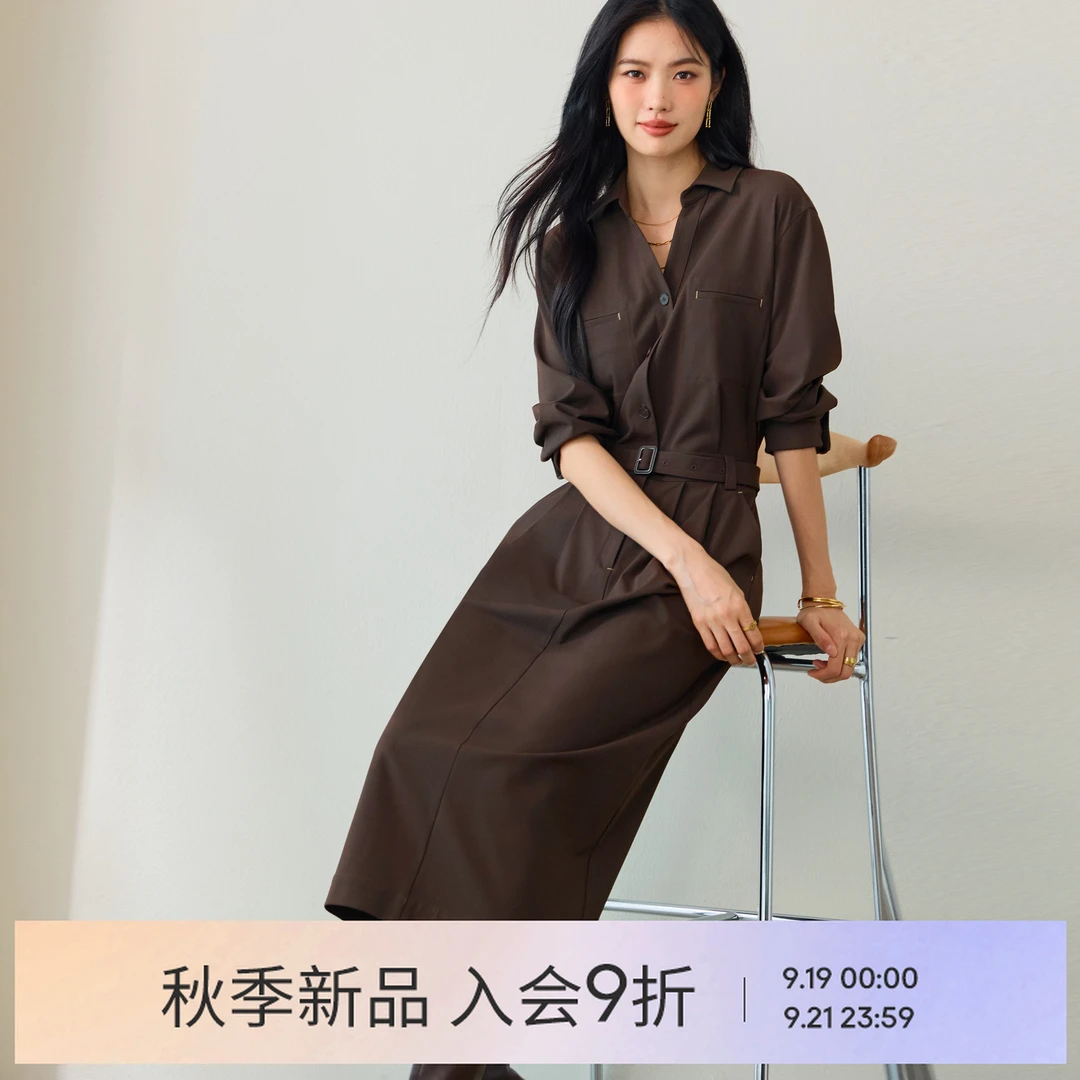 伊芙丽休闲后腰舒适牛筋设计连衣裙2025秋新通勤茶歇裙1G9993981