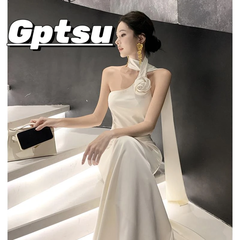 GPTSu法式白色性感露背挂脖连衣裙高级感名媛生日party晚礼服长裙