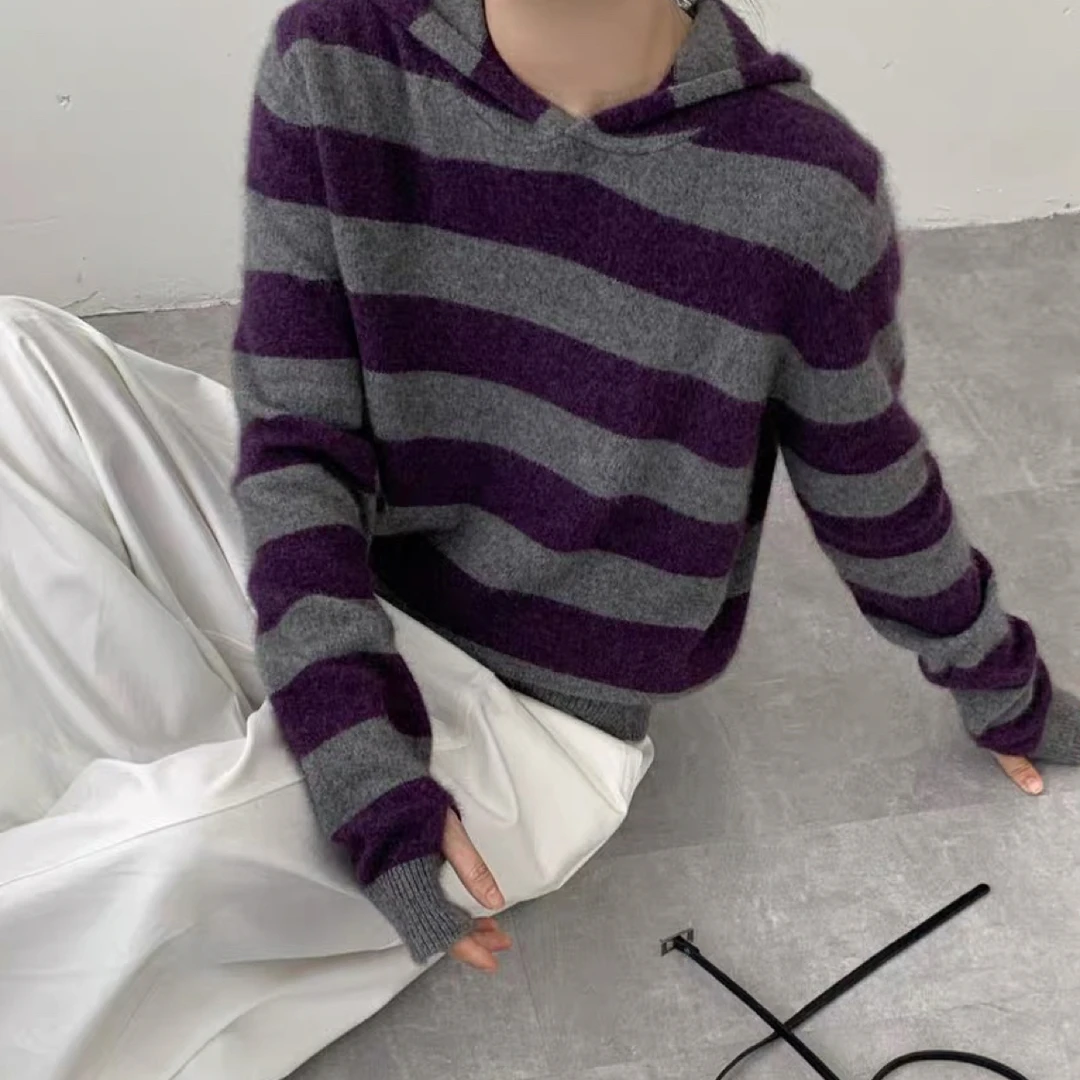 客户订单介意勿拍 休闲连帽条纹绒针织套头女宽松百搭毛衣
