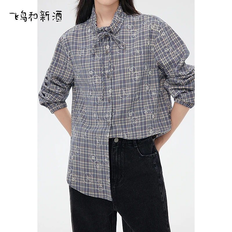 飞鸟和新酒刺绣长袖立领格纹衬衫女宽松秋季休闲上衣FD55082033