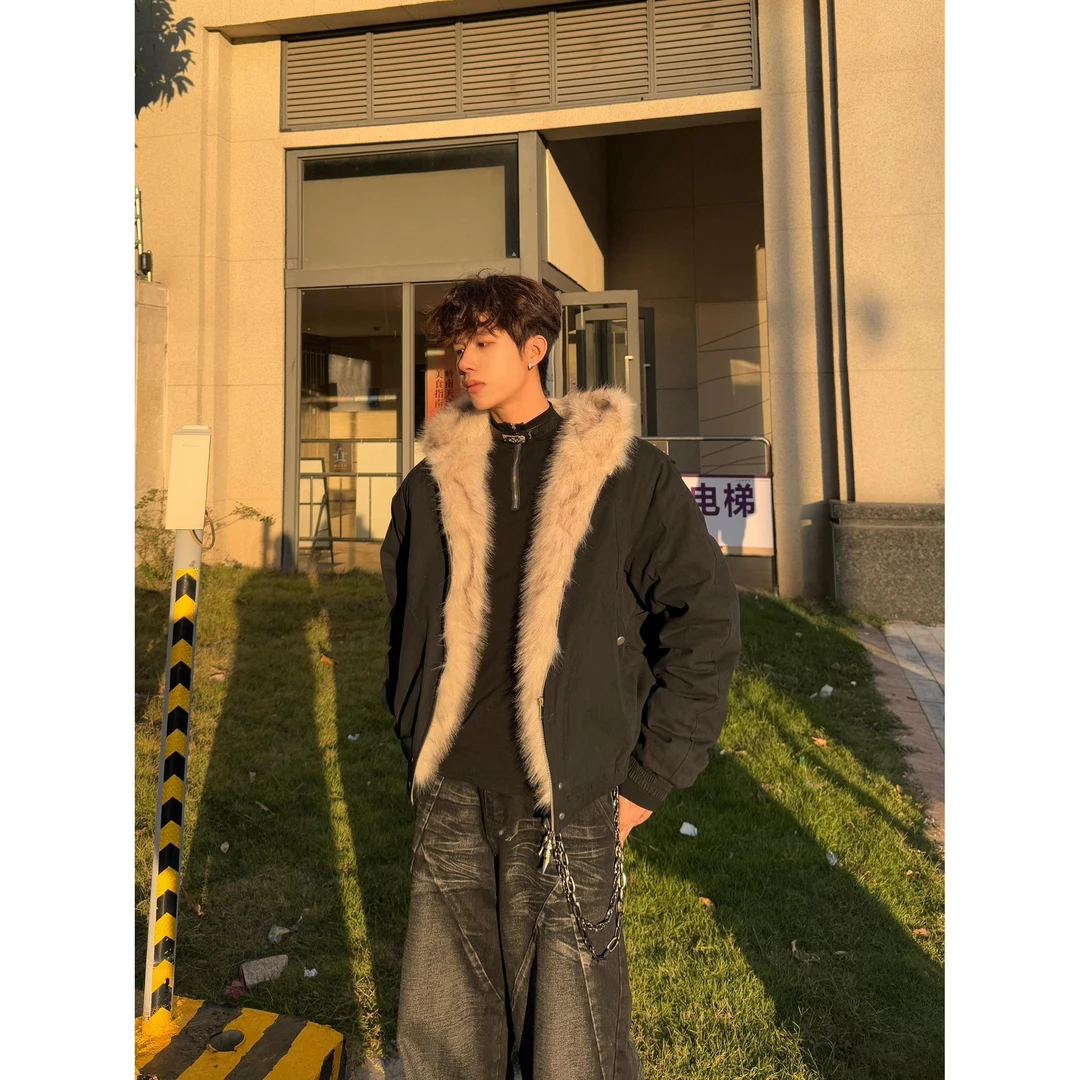 行星世界 国潮座山雕冬季棉服短款cleanfit保暖加厚毛领外套