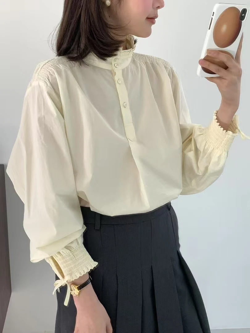 韩国egg复古袖绑带精致衬衫（no退no换）