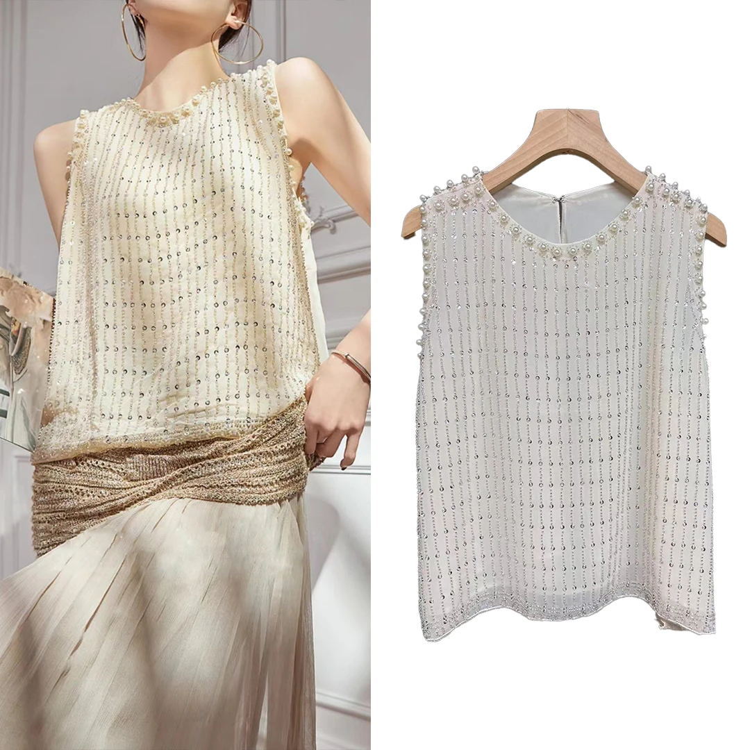 2025春夏新款法式复古气质圆领宽松重工珍珠边珠片编织背心