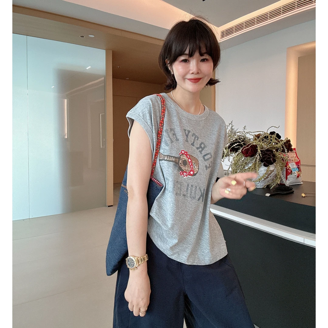 夏季美式印花圆领无袖休闲宽松气质T恤