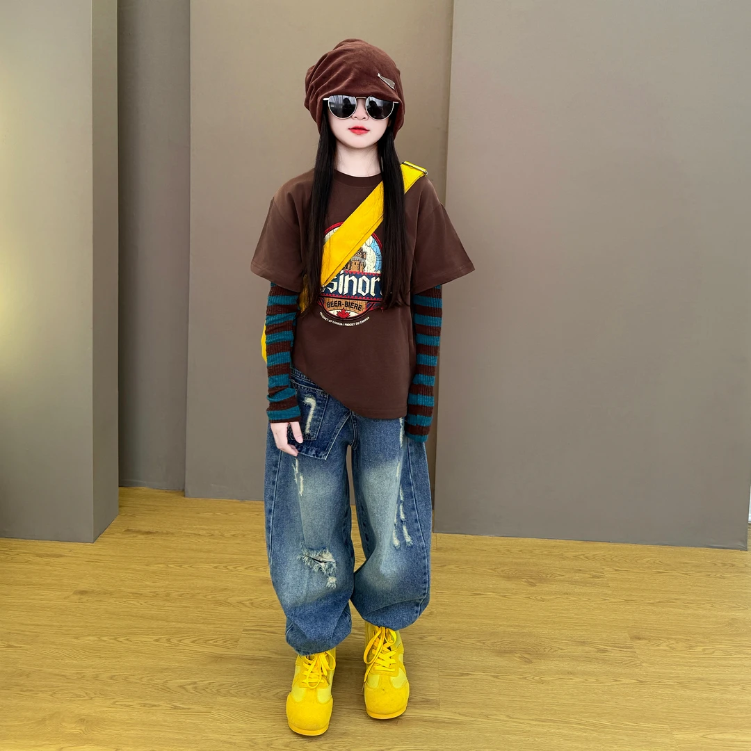 女童春秋季2025新款韩版时尚洋气假两件打底衫破洞牛仔裤套装潮酷