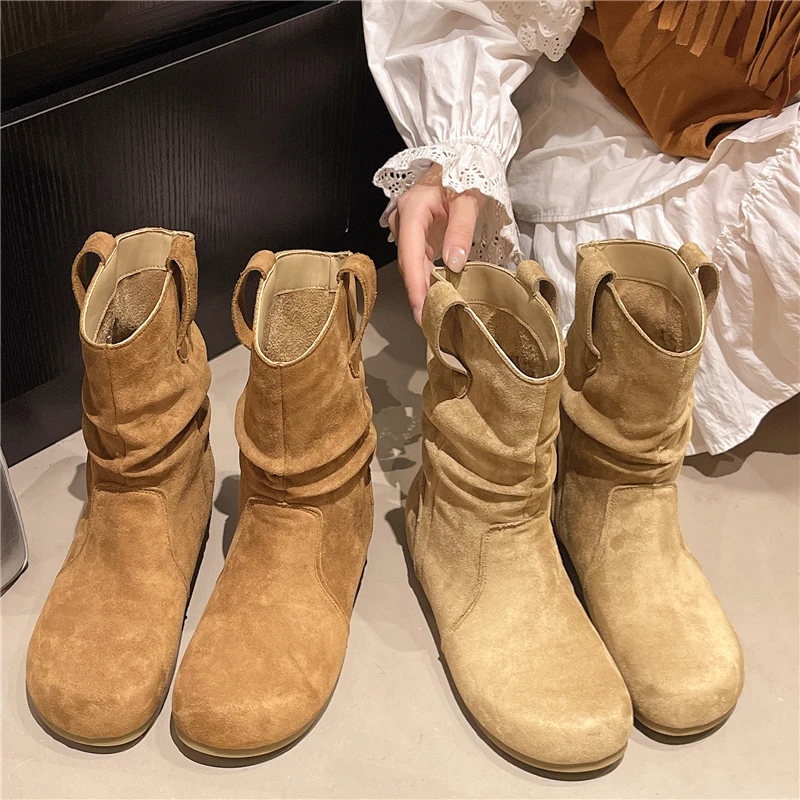 35-42堆堆靴女2025新款百搭平底西部牛仔靴磨砂皮短靴女春秋单靴