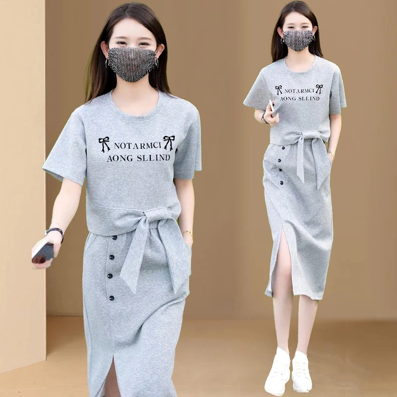 高含棉休闲运动服套装2025夏季新款时尚百搭上衣开叉半身裙两件套