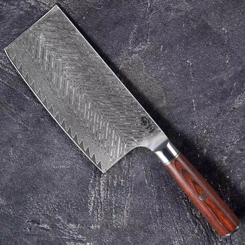 真大马士革鱼骨纹红彩木中式切片10cr15mov硬度62超薄家用刀